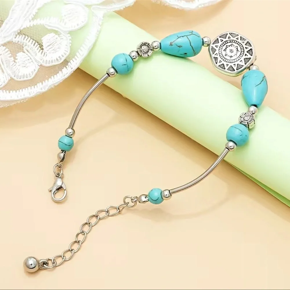 Boho Turquoise Bead Silver Tone Bracelet